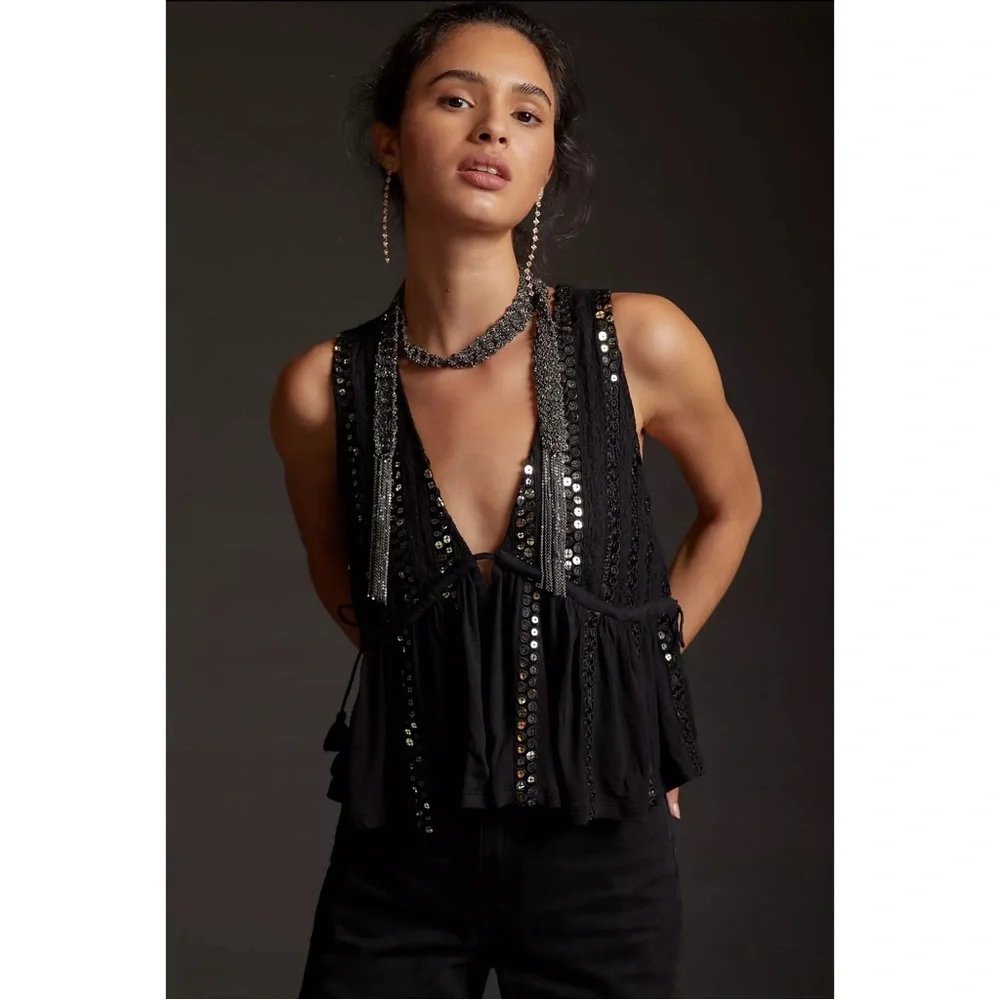 Anthropologie Sequined V-Neck Tank NWT SZ XL & L - Picture 1 of 14